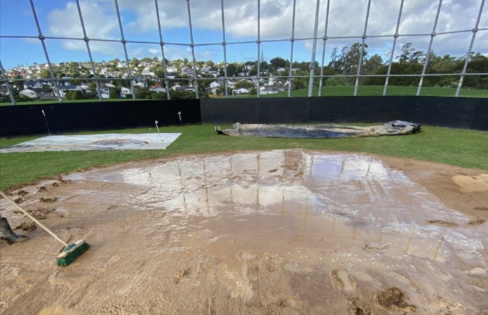 Flooded baseball fields at Lloyd Elsmore Park