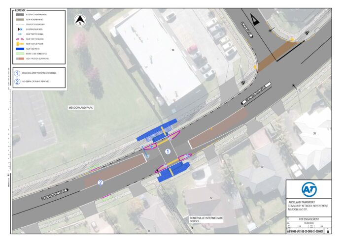 Auckland Transport design drawing for a new signalised crossing on Meadowland Drive