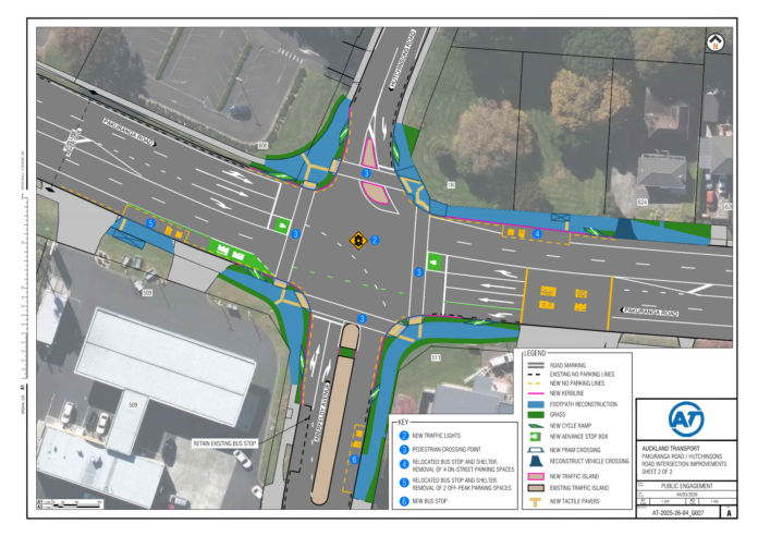 Auckland Transport engineering drawing of the proposed Pakuranga Road, Hutchinsons Road and Aberfeldy Avenue intersection, showing new traffic lights, pedestrian crossings, footpath reconstruction and relocated bus stops.