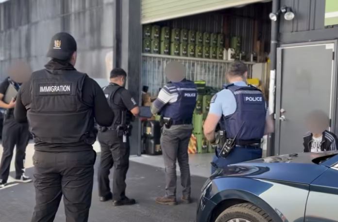 Police and Immigration New Zealand officers stand outside an open warehouse roller door during a search, with stacked drums of plant nutrient inside. Faces are blurred.