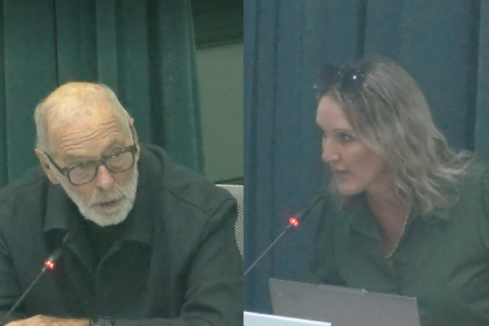 Auckland Mayor Wayne Brown on the left and Howick ward councillor Bo Burns on the right, both seated at the Governing Body table speaking into microphones