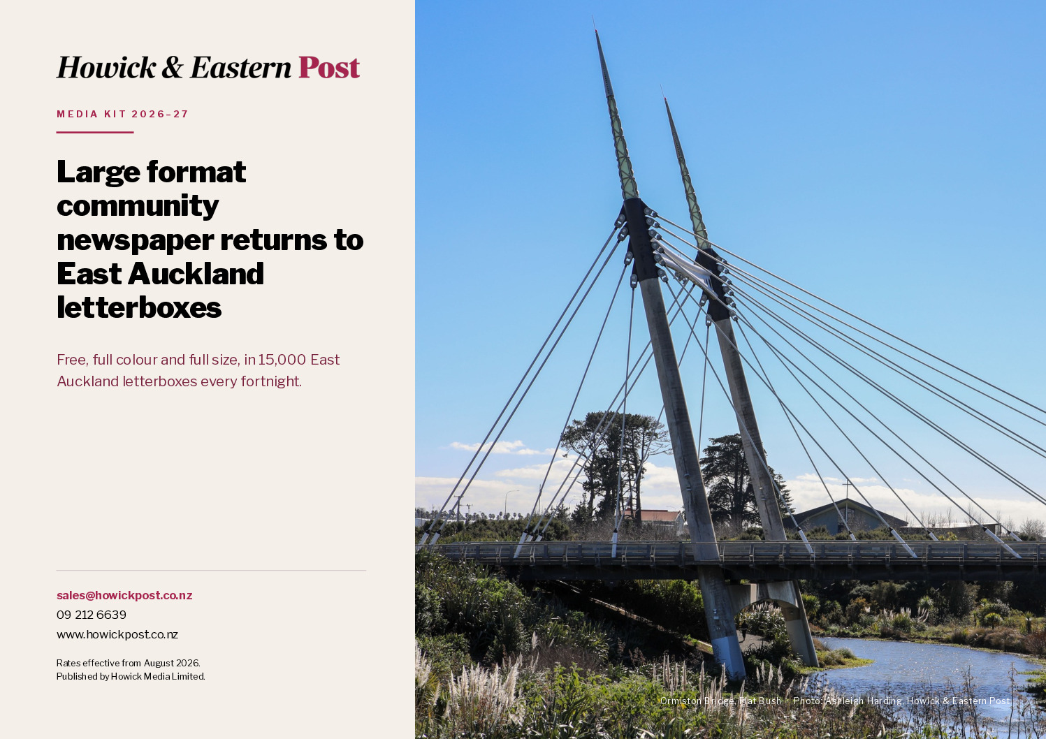 Cover of the Howick & Eastern Post media kit 2026&ndash;27, showing Ormiston Bridge in Flat Bush