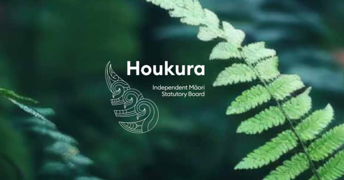 The Houkura logo and wordmark, Independent Maori Statutory Board, in white over a blurred photograph of a green fern frond.