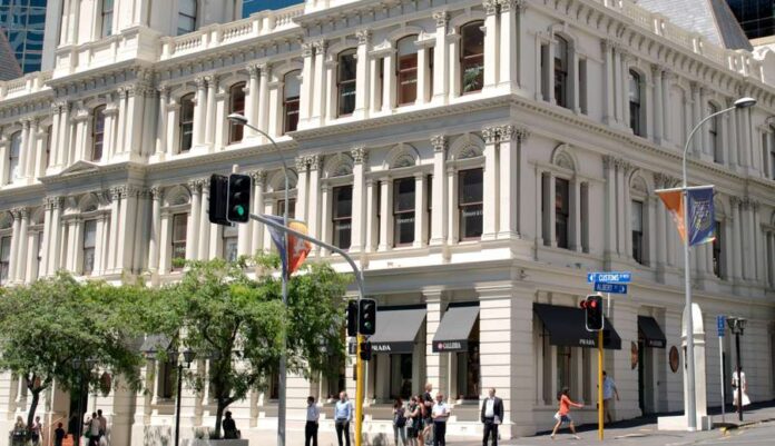The Customhouse building on the corner of Customs and Albert streets in central Auckland.