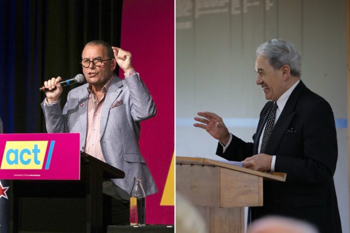 Side-by-side photos: on the left, Paul Henry in a striped blazer speaks into a microphone at an ACT lectern; on the right, Winston Peters in a dark suit and polka-dot tie smiles as he speaks from a wooden lectern.