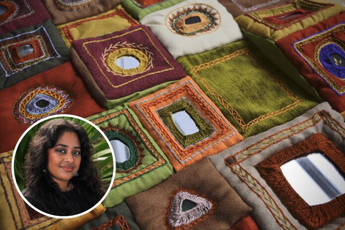 Embroidered fabric panels set with small mirrors, with an inset portrait of artist Sahana Rahman